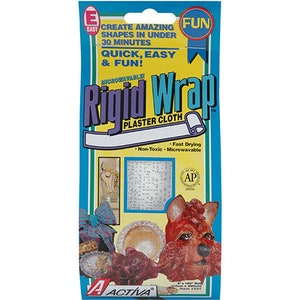 May include: A packet of Rigid Wrap plaster cloth, a white, microwavable material for creating shapes. The packet is yellow and blue with the text "Rigid Wrap" in large, bold letters. The packet also includes the text "Create amazing shapes in under 30 minutes. Quick, easy & fun!" and "Non-toxic, fast drying, microwavable."