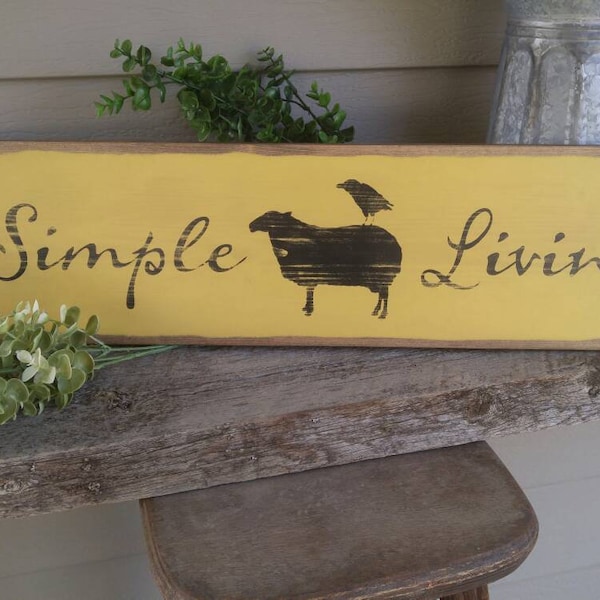 Simple Living primitive wood sign, Sheep decor, rustic prim sheep sign, primitive crow, keeping room wooden wall decor, colonial art, 7x24.5