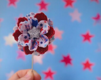 Patriotic Felt Flower Stick Pin/Lapel Pin, Red, White & Blue/Americana, 4th of July
