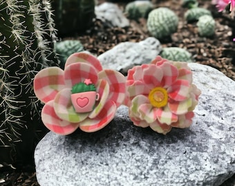 Handmade Plaid Felt Flower Brooches/Pins Pink & Green Cactus Duo