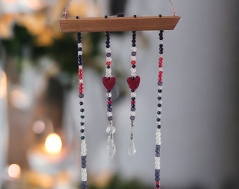 Hanging Felted Hearts & Crystal Beaded Valentine Hanging Decor, Wall Art