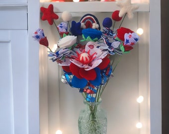Fourth of July Celebration Felt Flower Bouquet, Red White & Blue, Americana,Permanent Flowers, Patriotic