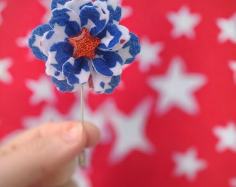 4th Of July Felt Flower Stick Pin/Lapel Pin, Red, White & Blue/Americana