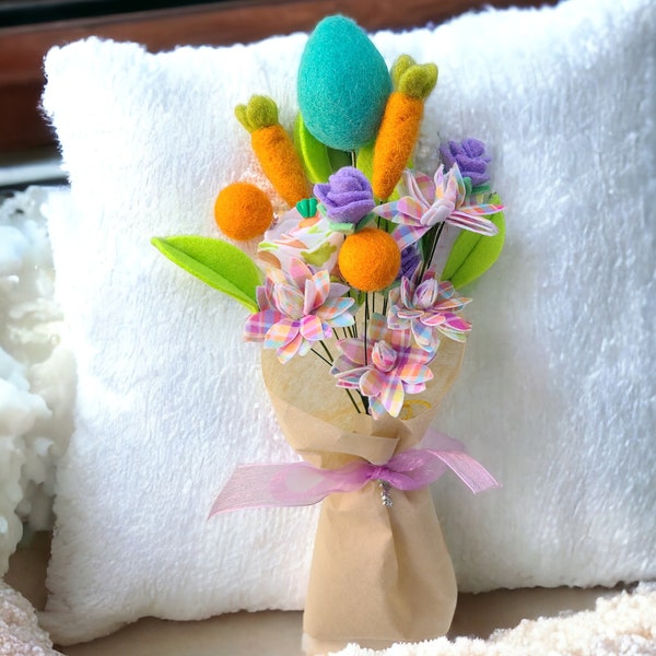 Handmade Felt Spring Flower Bouquet With Carrots, Spring Decor