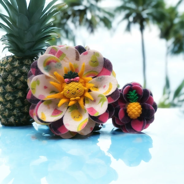 Summer Pineapple Felt Flower Brooch/Pin Duo, Pink Buffalo Plaid