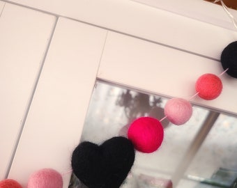 Valentine's Day Felt Hearts Garland, Glass Heart Crystal, Wall Hanging, Handmade