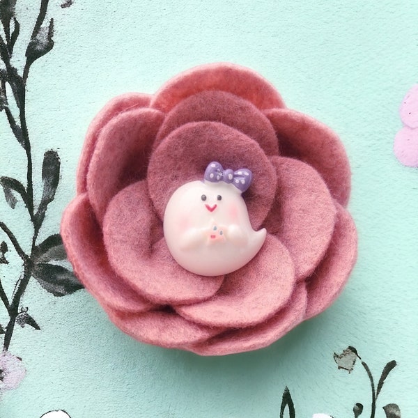 Kawaii Style Pink Felt Flower With Pretty Ghost with Bow and Star, Handmade