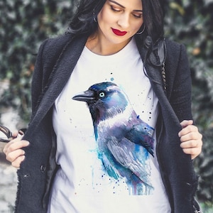 Jackdaw T-shirt, Unisex T-shirt, ring spun Cotton 100%, watercolor print T-shirt, T shirt art, T shirt animal,XS, S, M, L, XL, XXL