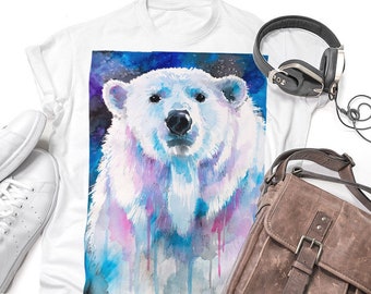 Blue Polar bear T-shirt, Unisex T-shirt, ring spun Cotton 100%, watercolor print T-shirt, T shirt art, T shirt animal, XS, S, M, L, XL, XXL