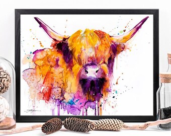 Highland Cow watercolor framed canvas by Slaveika Aladjova, Limited edition, art, animal watercolor, animal illustration, large print