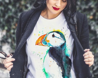 Atlantic puffin T-shirt, Unisex T-shirt, ring spun Cotton 100%, watercolor print T-shirt, T shirt art, T shirt animal,XS, S, M, L, XL, XXL