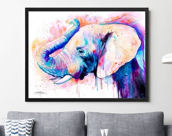 Pink Elephant Head watercolor framed canvas by Slaveika Aladjova, Limited edition, art, animal watercolor, animal illustration,bird art