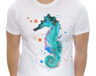 Blue Seahorse T-shirt, Unisex T-shirt, ring spun Cotton 100%, watercolor print T-shirt, T shirt art, T shirt animal,XS, S, M, L, XL, XXL