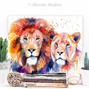 Lion Lioness Love Limited Edition Watercolor Art Print by Slaveika ...