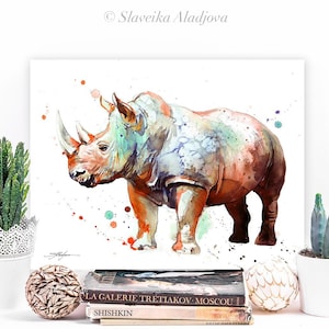 Rhinoceros watercolor painting print by Slaveika Aladjova, art, animal, illustration, home decor, Nursery, gift, Wildlife, wall art,