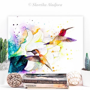 Hummingbirds watercolor painting print by Slaveika Aladjova, art, animal, illustration, bird, home decor, wall art, gift, portrait, Flower