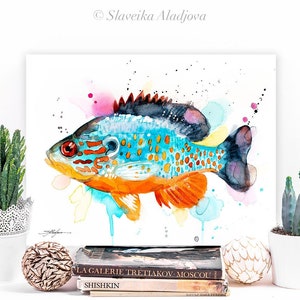 Orangespotted sunfish watercolor painting print by Slaveika Aladjova, art, animal, illustration, Sea art, sea life art, home decor, Wall art