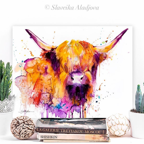 Vache Highland aquarelle impression par Slaveika Aladjova, art animalier, illustration, art mural, décoration, cadeaux, impression jet d’encre, vache, ferme