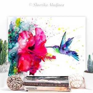 Violetear Hummingbird watercolor painting print by Slaveika Aladjova, art, animal, illustration, bird, home decor, Flower, Hibiscus