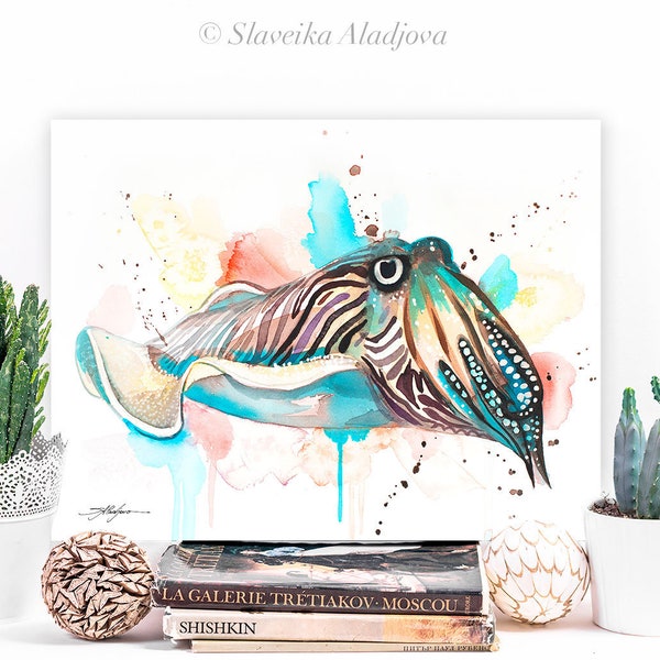 Common Cuttlefish watercolor painting print by Slaveika Aladjova, art, animal, illustration, Sea art, sea life art, home decor, Wall art