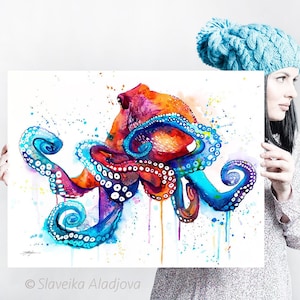 Octopus watercolor painting print by Slaveika Aladjova, art, animal, illustration, Sea art, sea life art, home decor, extra large print