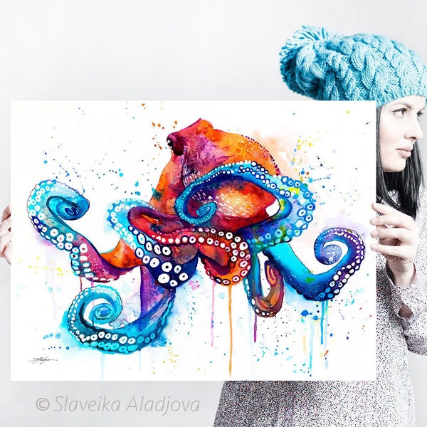 Octopus watercolor painting print by Slaveika Aladjova, art, animal, illustration, Sea art, sea life art, home decor, extra large print