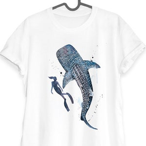 Scuba Diving with Whale Shark T-shirt, Unisex T-shirt, ring spun Cotton 100%, watercolor print, women's tees, Boys' Clothing, Girls