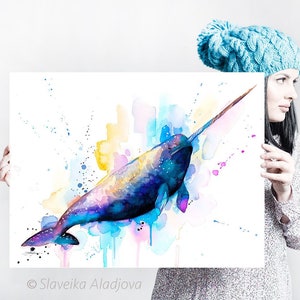 Narwhal watercolor painting print by Slaveika Aladjova, art, animal, illustration, Sea art, sea life art, home decor, Wall art