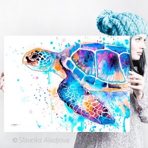 Blauwe zeeschildpad aquarel schilderij afdrukken door Slaveika Aladjova, kunst, dier, illustratie, zeekunst, zeeleven kunst, home decor, kunst aan de muur afbeelding 1