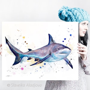 Grey reef shark watercolor painting print by Slaveika Aladjova, art, animal, illustration, Sea art, sea life art, home decor, ocean art