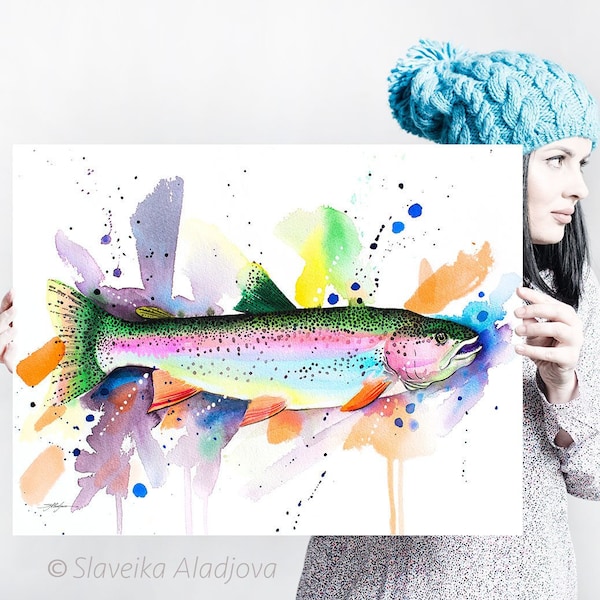 Impression de peinture à l’aquarelle de truite arc-en-ciel par Slaveika Aladjova, art, animal, illustration, Art de la mer, Art mural, art du poisson, impression de poisson,