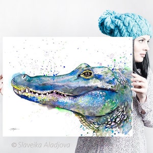 Crocodile watercolor painting print by Slaveika Aladjova, art, animal, illustration, home decor, Nursery, gift, Wildlife, wall art image 1