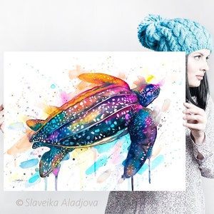 Leatherback sea turtle watercolor painting print by Slaveika Aladjova, art,animal, illustration, Sea art, sea life art, home decor, Wall art image 1