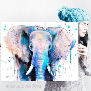 Blue Elephant Head watercolor painting print by Slaveika Aladjova, art, animal, illustration, home decor, Nursery, African, Wildlife