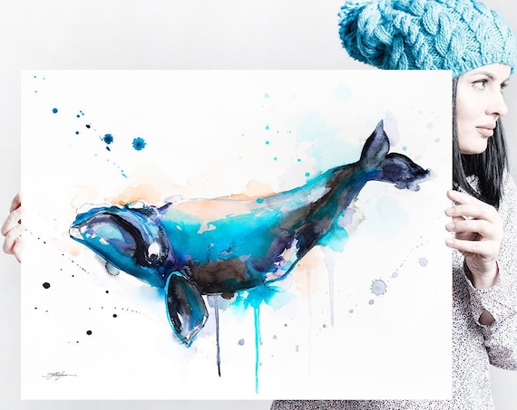Right whale watercolor painting print by Slaveika Aladjova, art, animal, illustration, Sea art, sea life art, nautical, ocean art