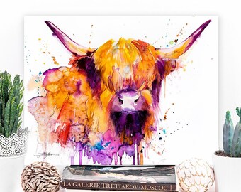 Highland Cow watercolor painting print by Slaveika Aladjova, animal art, illustration,wall art, home decor, gift, Giclee Print, Cow, farm