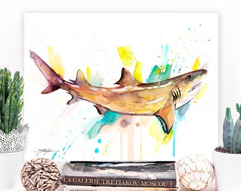 Lemon shark watercolor painting print by Slaveika Aladjova, art, animal, illustration, Sea art, sea life art, home decor, Wall art