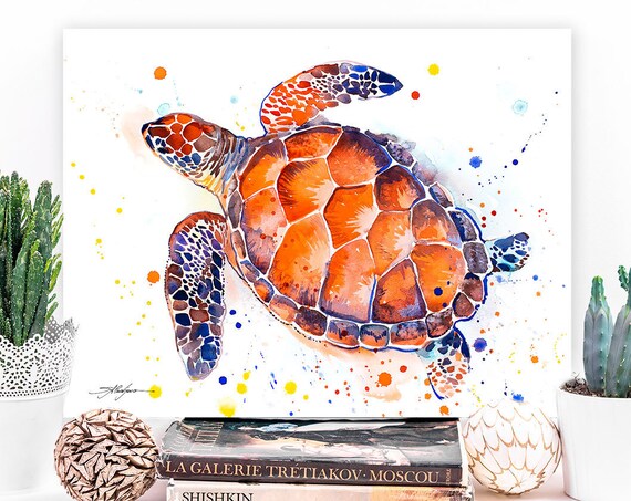 Hawksbill sea turtle  watercolor painting print by Slaveika Aladjova, art, animal, illustration, Sea art, sea life art, home decor, Wall art