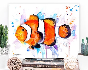 Clownfish, Anemonefish watercolor painting print by Slaveika Aladjova, art, animal, Sea art, nautical, ocean art, wall art, Fish