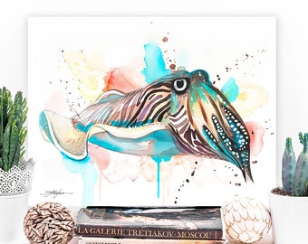 Common Cuttlefish watercolor painting print by Slaveika Aladjova, art, animal, illustration, Sea art, sea life art, home decor, Wall art