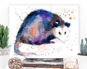 Opossum watercolor painting print by Slaveika Aladjova, art, animal, illustration, home decor, Nursery, gift, wall art, Contemporary