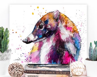 Coati watercolor painting print by Slaveika Aladjova, art, animal, illustration, home decor, wall art, gift, portrait, Contemporary