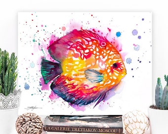 Discus watercolor painting print by Slaveika Aladjova, art, animal, illustration, Sea art, sea life art, nautical, ocean art, wall art, Fish