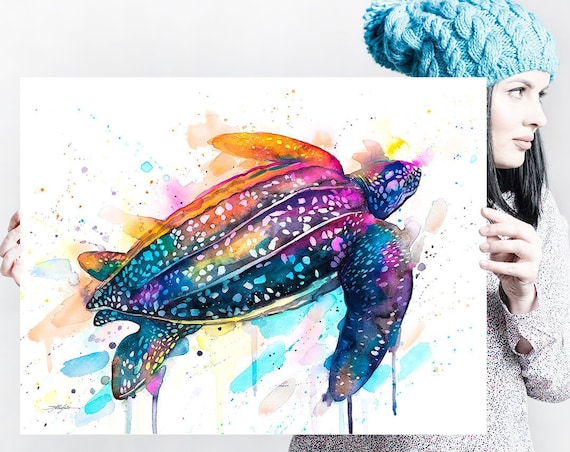Leatherback sea turtle watercolor painting print by Slaveika Aladjova, art,animal, illustration, Sea art, sea life art, home decor, Wall art