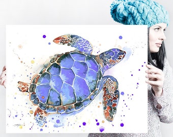 Purple Sea turtle watercolor painting print by Slaveika Aladjova, art,animal, illustration, Sea art, sea life art, home decor, Wall art