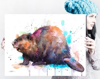 Beaver watercolor painting print by Slaveika Aladjova, art, animal, illustration, home decor, Nursery, gift, Wildlife, wall art