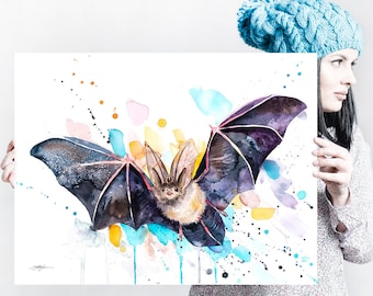 Townsend's big-eared bat  watercolor painting print by Slaveika Aladjova, art, animal, illustration, home decor, wall art, Contemporary