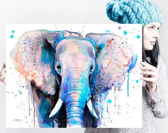 Blue Elephant Head watercolor painting print by Slaveika Aladjova, art, animal, illustration, home decor, Nursery, African, Wildlife