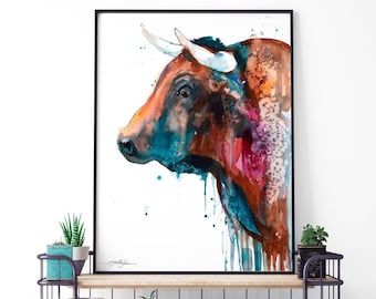 Brown Bull watercolor framed canvas by Slaveika Aladjova, Limited edition, art, animal watercolor, animal illustration,