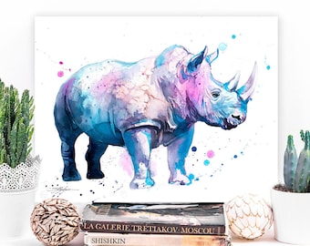 Blue Rhinoceros watercolor painting print by Slaveika Aladjova, art, animal, illustration, home decor, Nursery, gift, Wildlife, wall art
